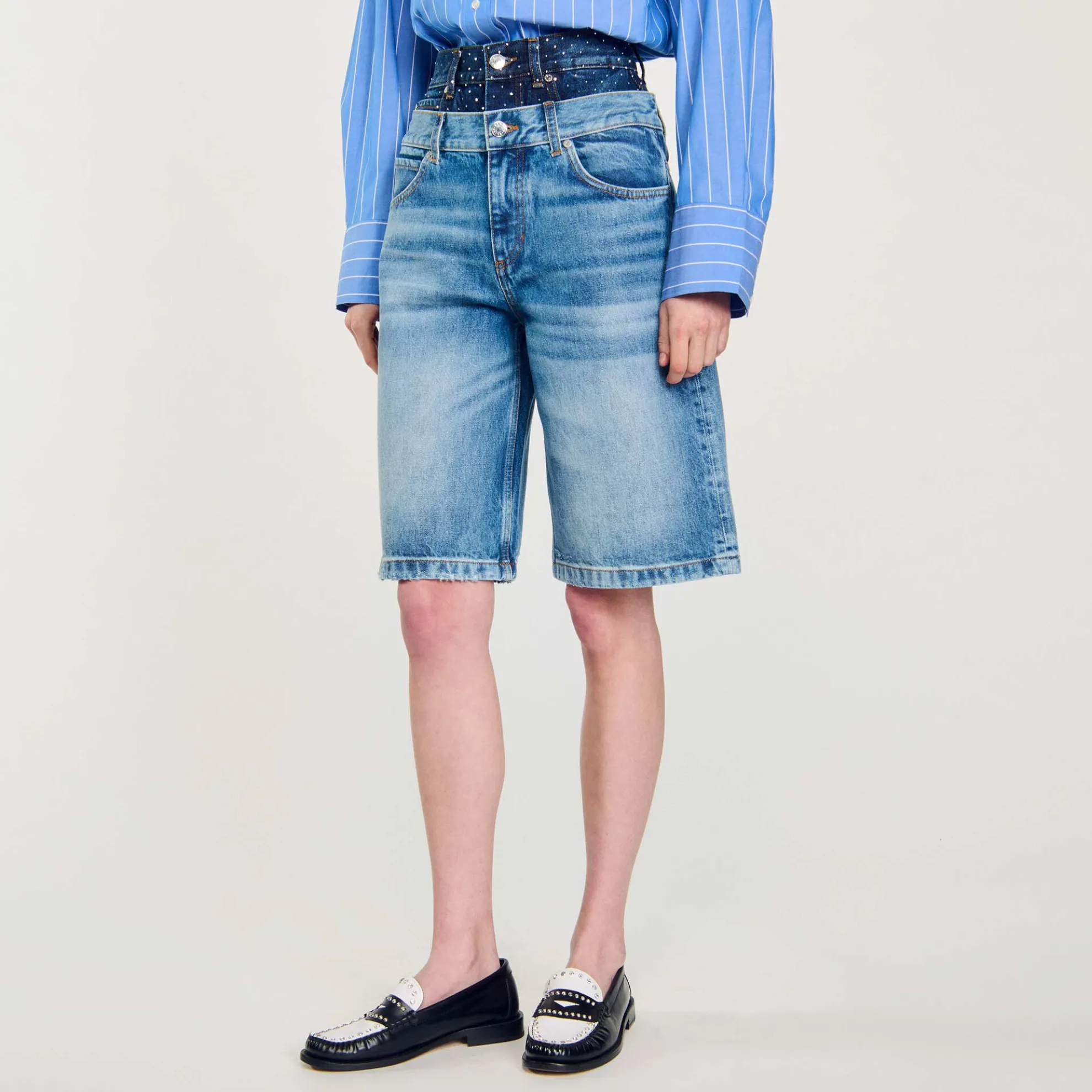 Denim Bermuda Short Met Dubbele Ceintuur