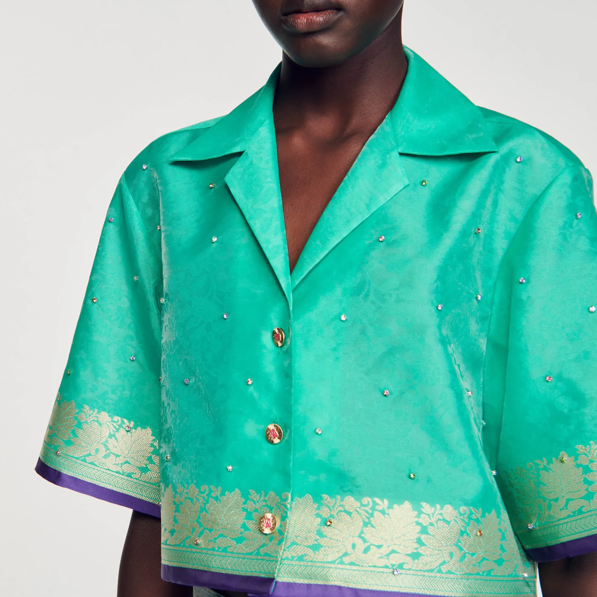 Korte Overhemdblouse Jacquard Met Stras