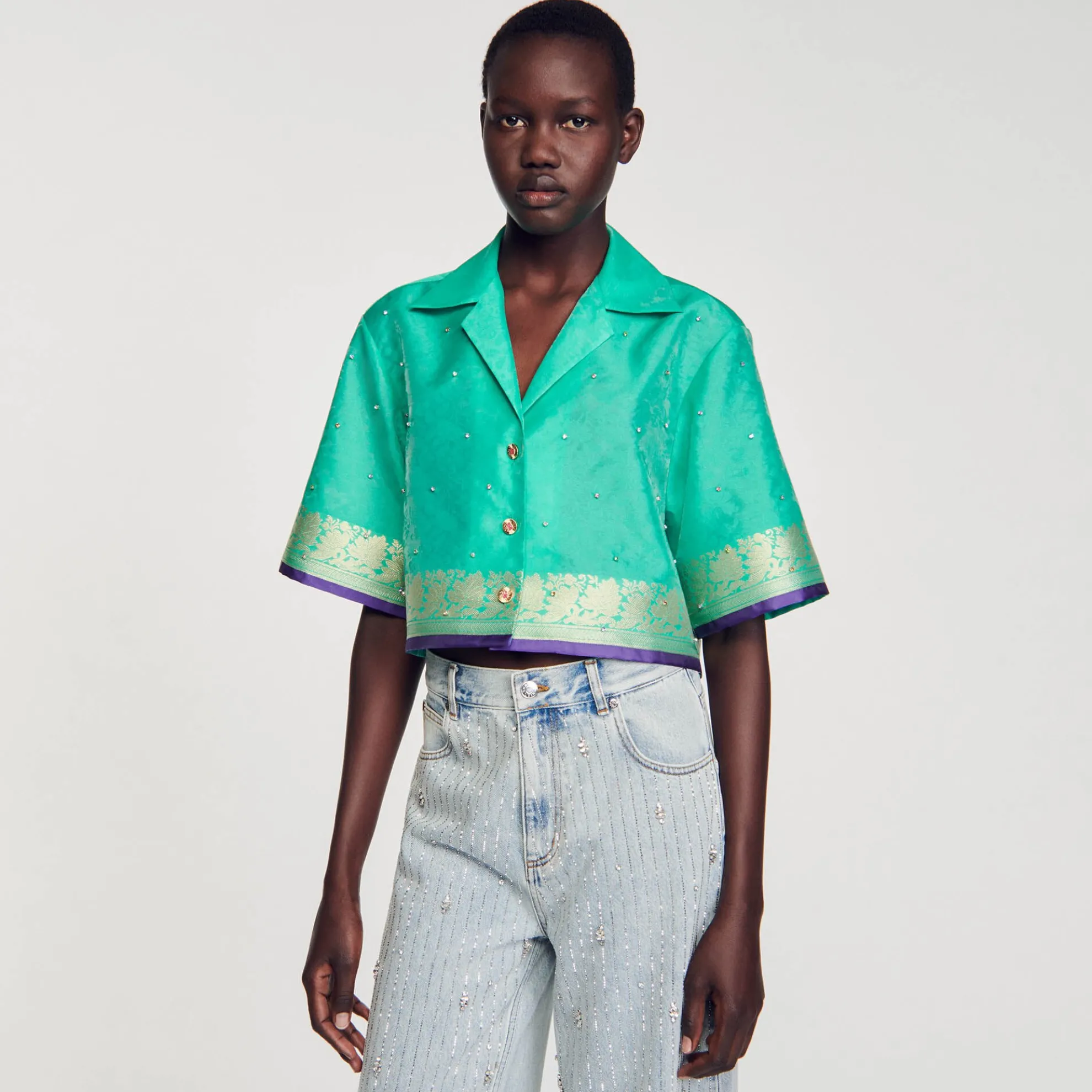 Korte Overhemdblouse Jacquard Met Stras