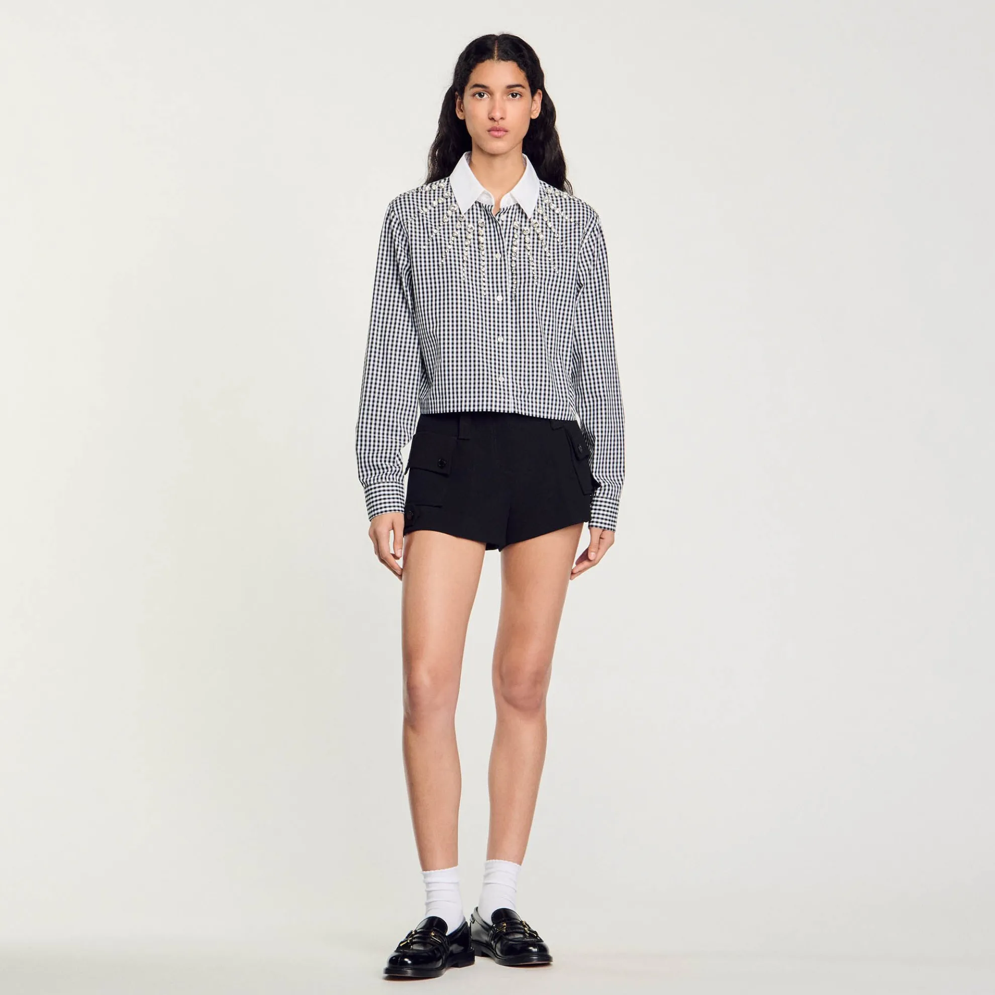 Overhemdblouse Kort Plastron Met Stras