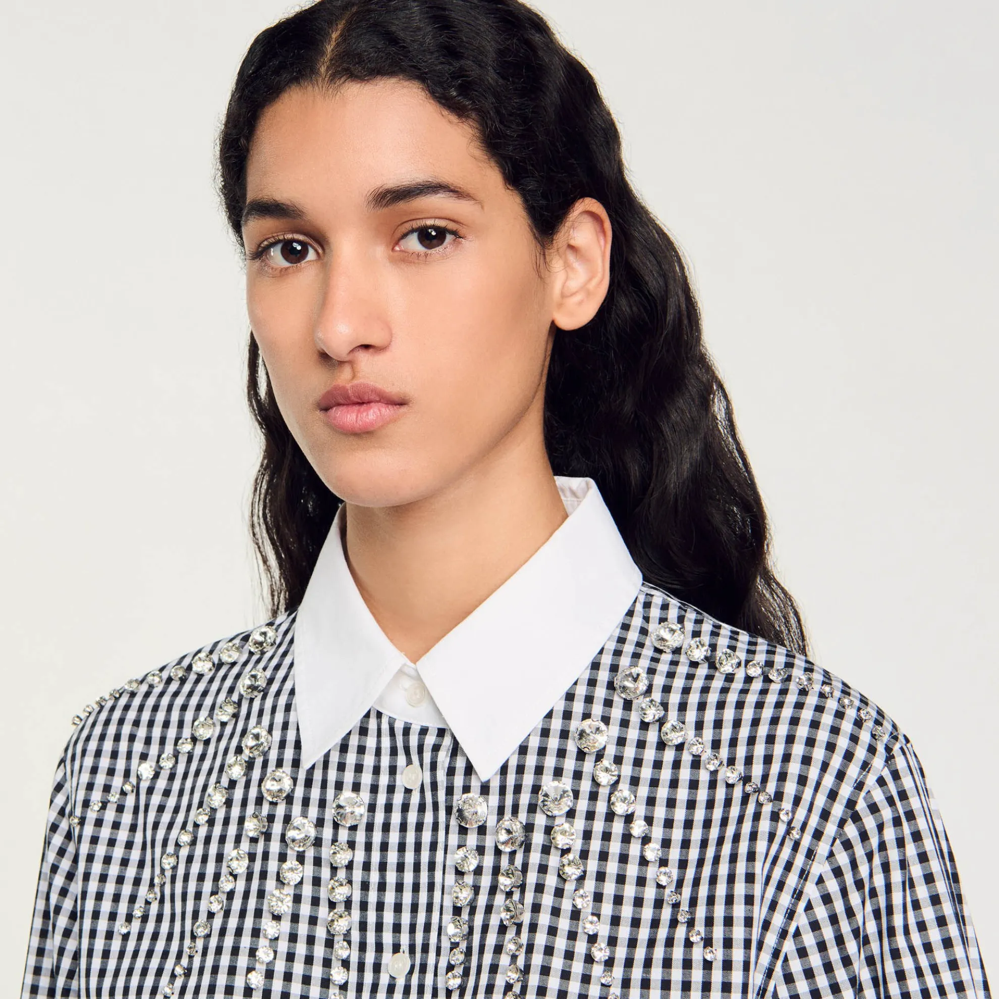 Overhemdblouse Kort Plastron Met Stras