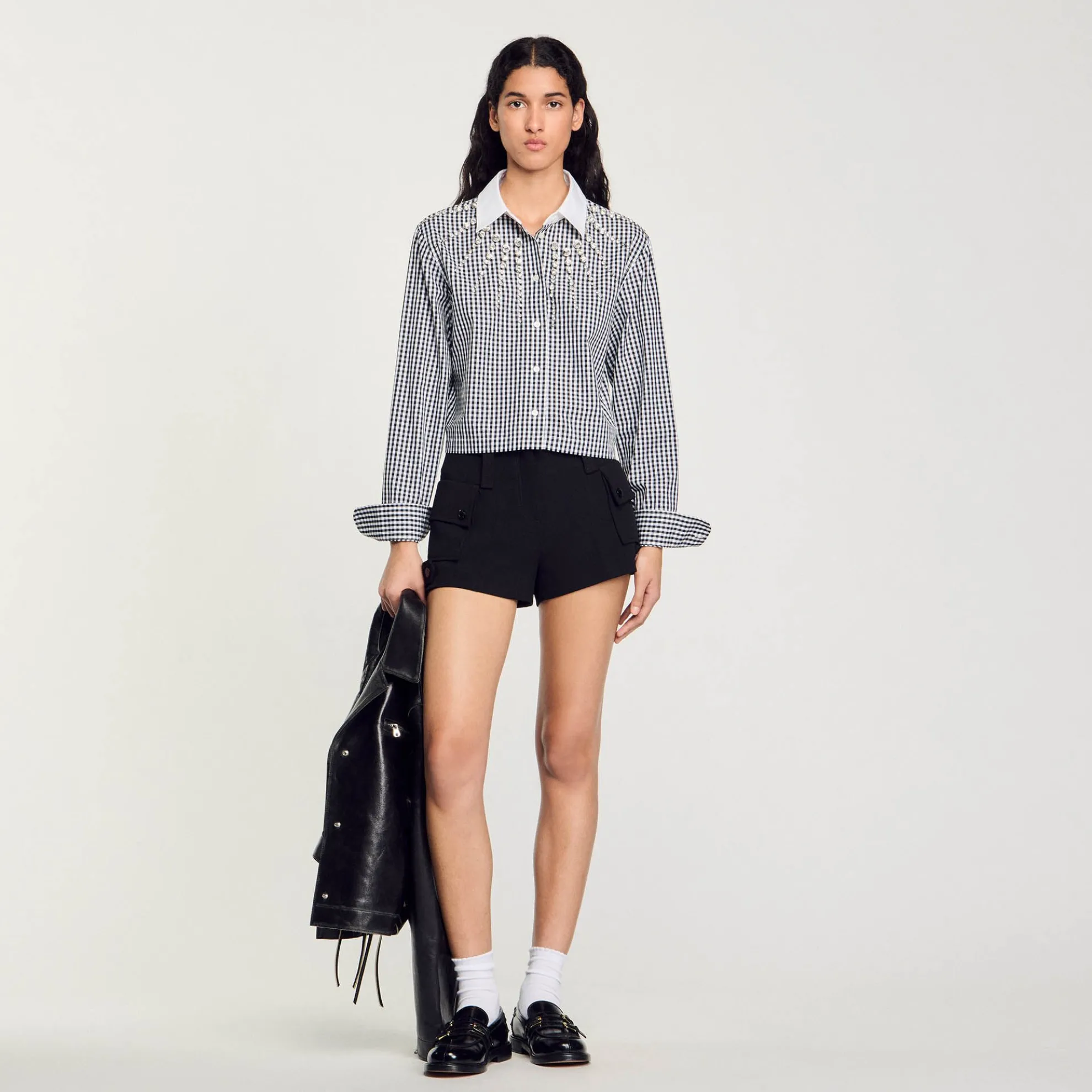 Overhemdblouse Kort Plastron Met Stras