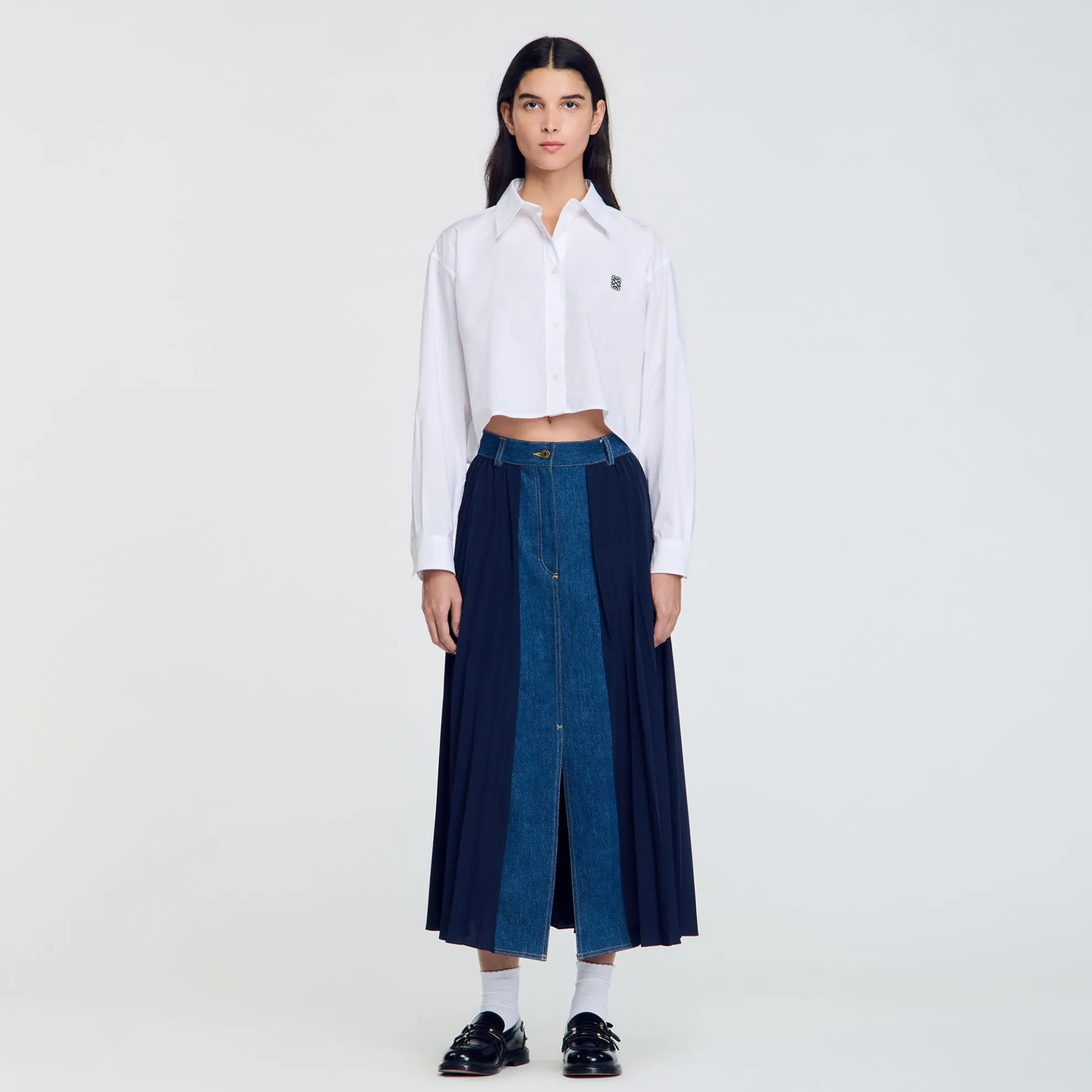Rok 2 Stoffen Denim En Plissé